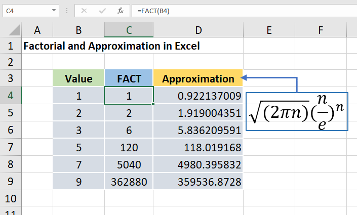 excel fact function to calculate factorial