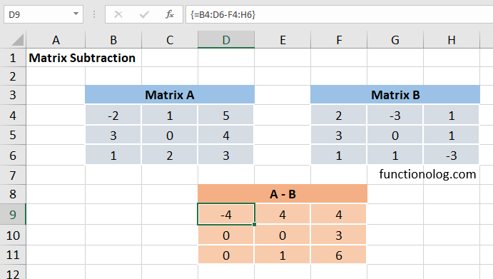 excel matrix subtraction