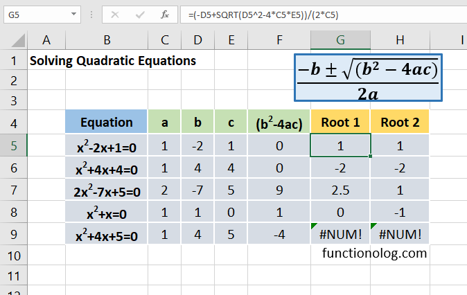 solve quadratic equation in excel