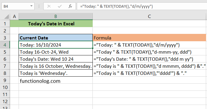 today's date in excel